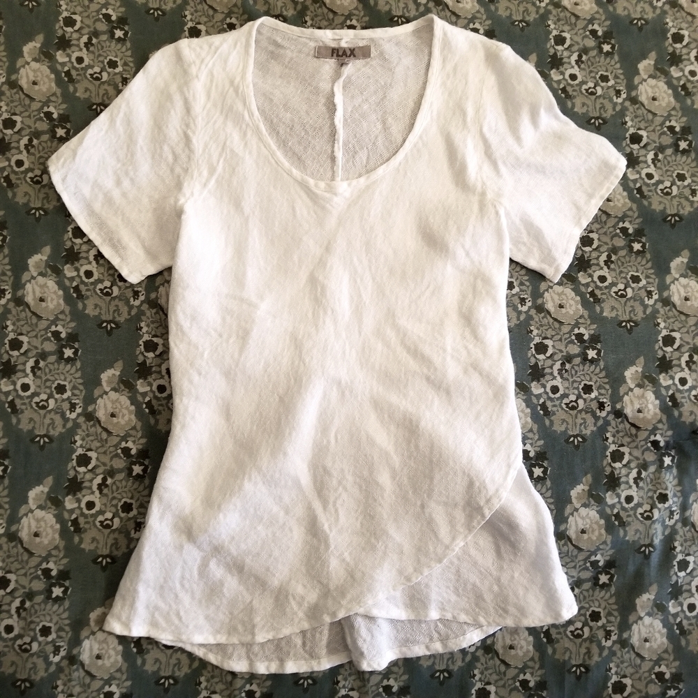 FLAX 100% Linen White Draped Tee Short Sleeve
